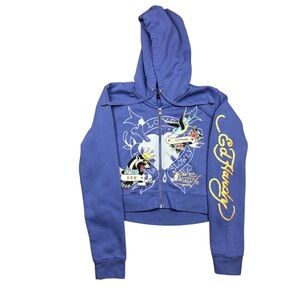 ED HARDY Free Bird Love Kills Slowly Purple Crop Zip Up Hoodie Youth XL -W 10/12